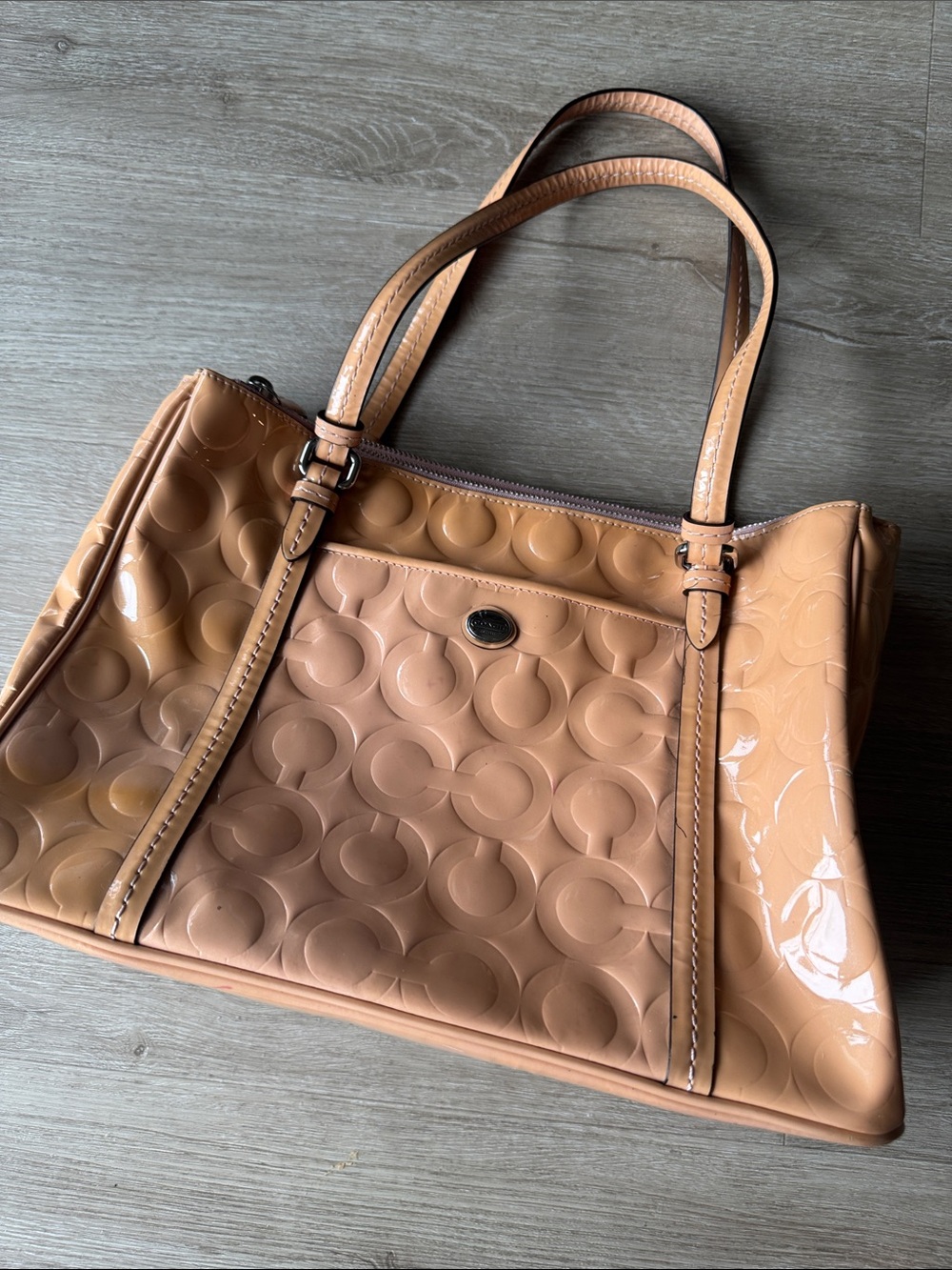 Coach Peach Patent Leather Tote in Peach with Signature Emboss